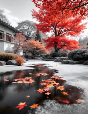 The primary subject of the image is a pond with a reflection of a tree in the water. The tree is surrounded by a garden setting, which includes a variety of trees and bushes. The visual style of the image is a black and white photo, giving it a classic and timeless appearance. The colors and mood of the image are predominantly dark, with the pond and the tree being the main focus.